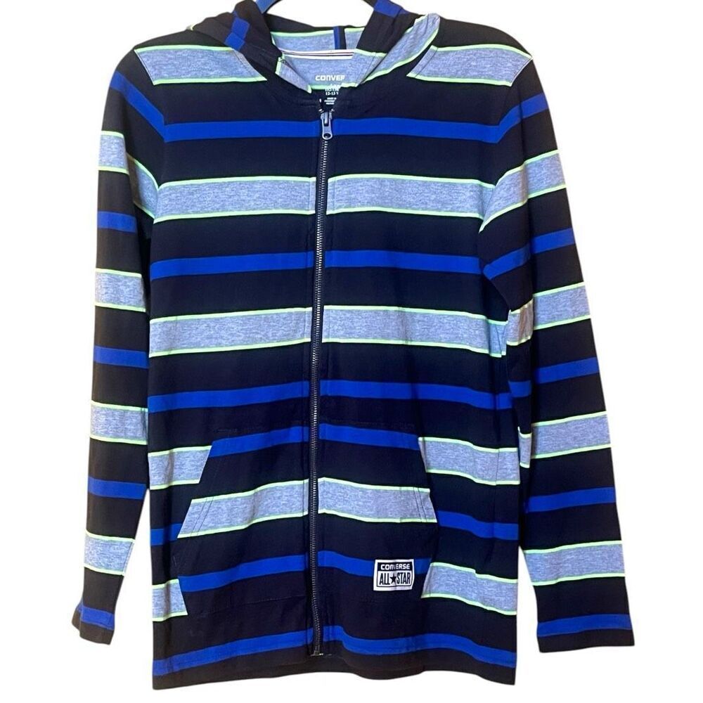 Converse All Star Blue Boys Full Zip Lite‎ Weight Striped Hoodie Sz L